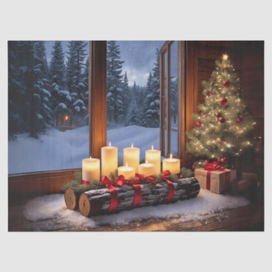 Kaarsverlichte Yule Log Tafel Center Decoupage Cr Tissuepapier (Voorkant)