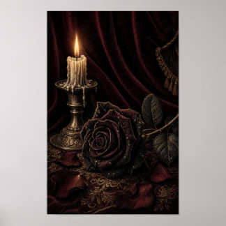 Kaarsverlichte Zwarte Fluwelen Roos Gotische Still Poster