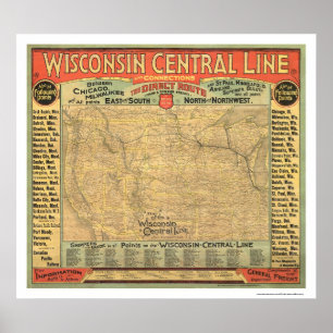Kaart 1882 van de centrale spoorweg van Wisconsin Poster