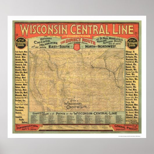 Kaart 1882 van de centrale spoorweg van Wisconsin Poster (Voorkant)