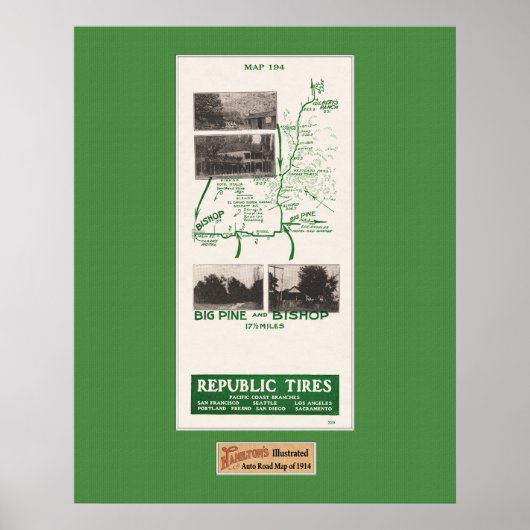 Kaart 1914, Gilbert's Ranch to Bishop, Big Pine Ca Poster (Voorkant)