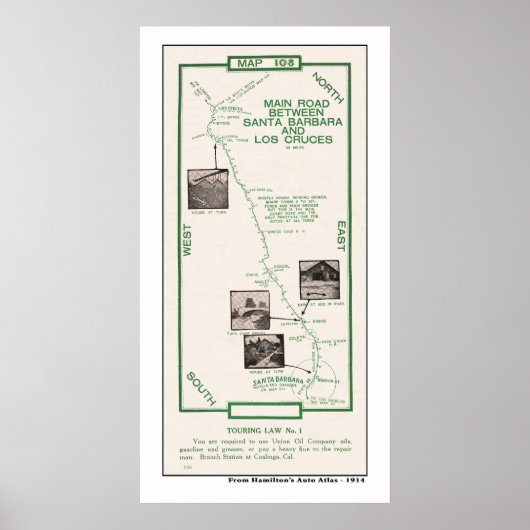 Kaart 1914, Santa Barbara aan Los Cruces Poster (Voorkant)