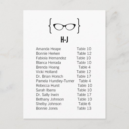Kaart 6 Geeky Glasses Seating Chart Briefkaart v2 (Voorkant)