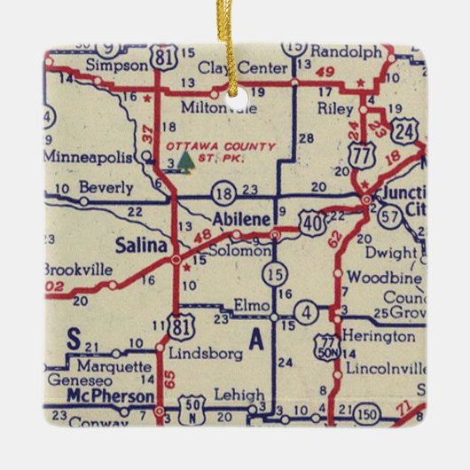  kaart Abilene en Salina KS Keramisch Ornament (Voorkant)