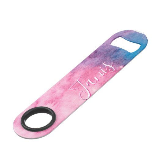 Kaart abstract roze en blauw patroonkrediet speed flessenopener (Achterkant Gekanteld)