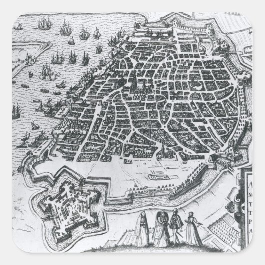 Kaart Antwerpen, 1598 Vierkante Sticker (Voorkant)