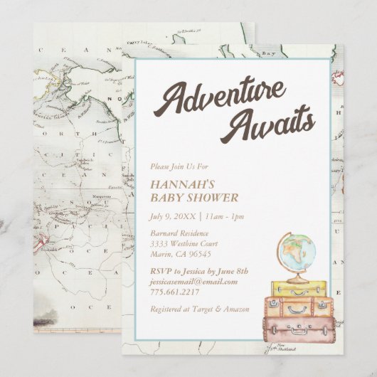 kaart Avontuur wacht op Baby shower Uitnodigen (Voorkant / Achterkant)