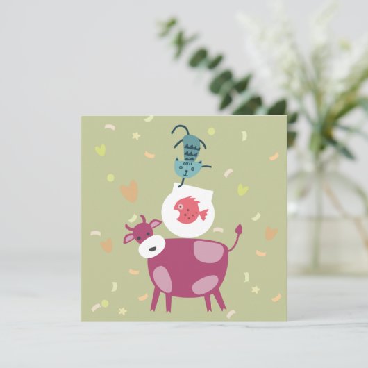 kaart beterschap, tekening koe, vis in kom  (Staand voorkant)