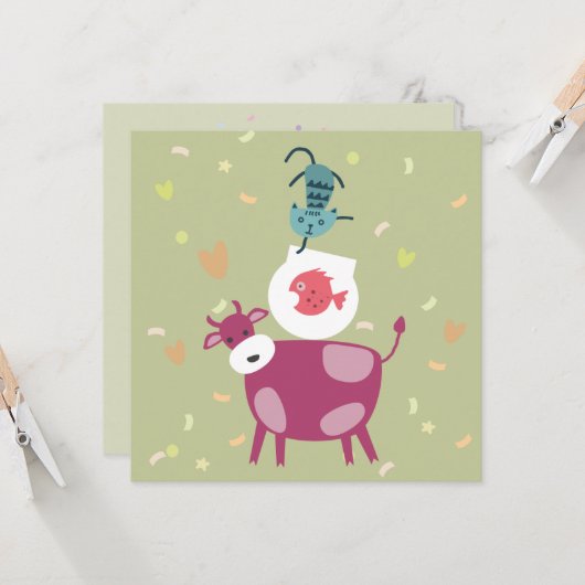 kaart beterschap, tekening koe, vis in kom (Voorkant / Achterkant in situ)