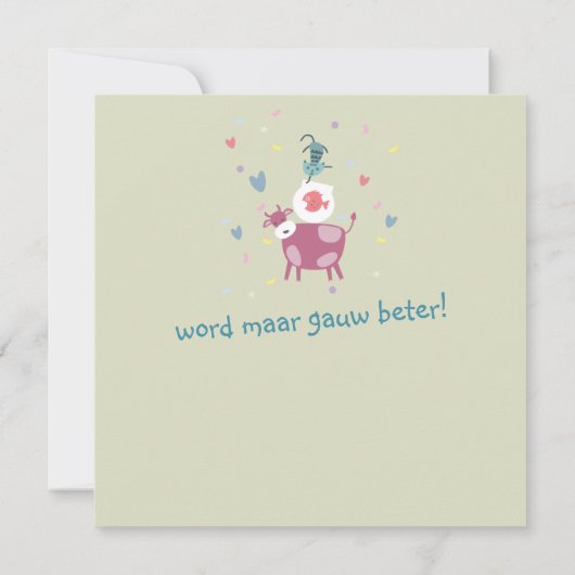 kaart beterschap, tekening koe, vis in kom  (Achterkant)