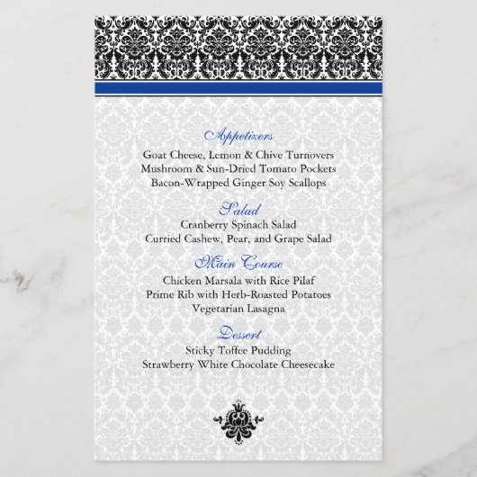 Kaart Blauw, zwart, wit menu Damask (Voorkant)