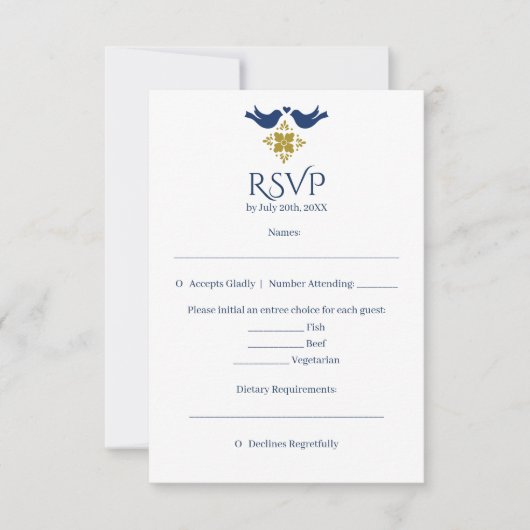 Kaart Blauwe en goudvogels Mexicaans huwelijk RSVP (Voorkant)