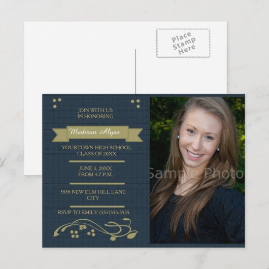 Kaart Blauwe en Moss Green Photo Graduation Party (Voorkant / Achterkant)