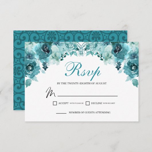 Kaart blauwgroen Floral RSVP Enclosure (Voorkant / Achterkant)