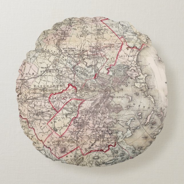 Kaart: Boston, 1883 Rond Kussen (Voorkant)