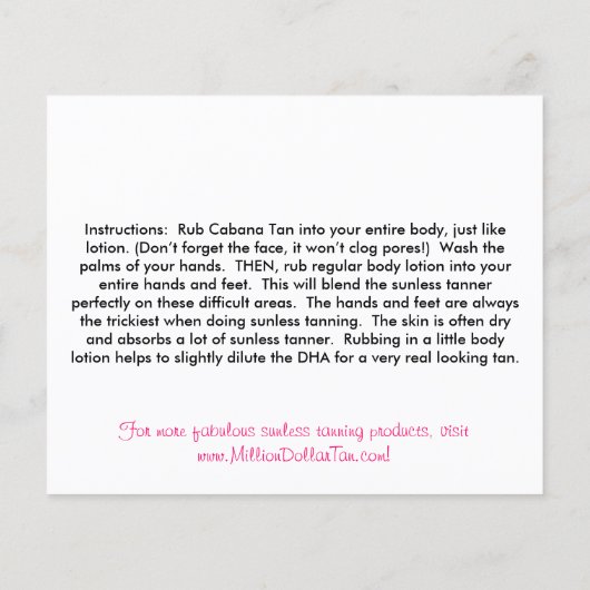 Kaart Cabana Tan van Million Dollar Tan (Achterkant)