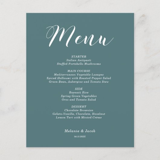 Kaart donkerblauw, minimalistisch menu met flatmen (Voorkant)