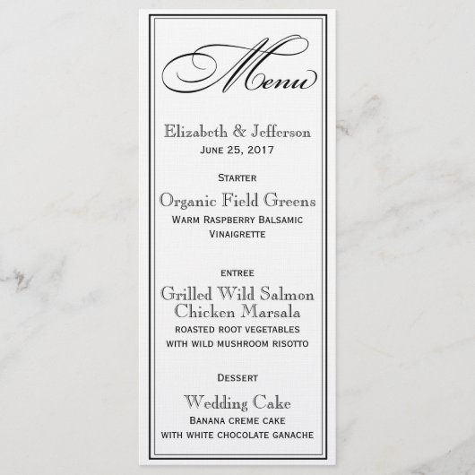 Kaart Elegant Black & White Script Wedding Menu (Voorkant)