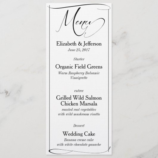 Kaart Elegant Black & White Script Wedding Menu (Voorkant)