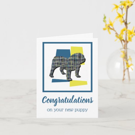 Kaart Engelse Bulldog Puppy Dog Gefeliciteerd (Gele Bloem)