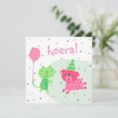 kaart felicitatie poes hond en ballon (Staand voorkant)