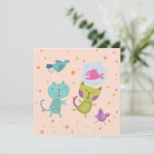 kaart felicitatie tekening 2 poezen en vis  (Staand voorkant)