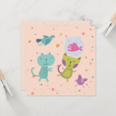 kaart felicitatie tekening 2 poezen en vis  (Voorkant / Achterkant in situ)