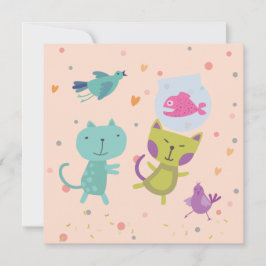 kaart felicitatie tekening 2 poezen en vis