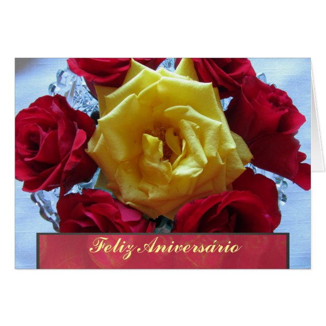 Kaart - Feliz Aniversário - Rosas Amarillas y Roja (Voorkant Horizontaal)