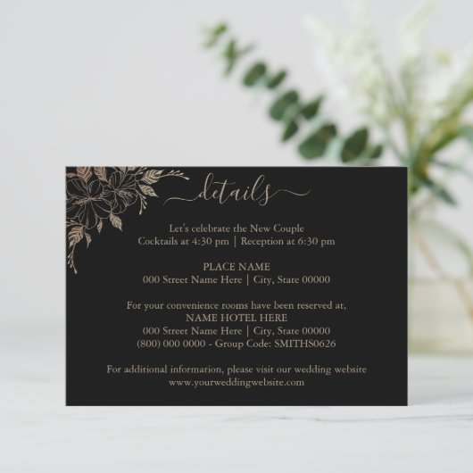 Kaart Floral Lines Wedding Details invoegen (Staand voorkant)