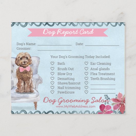 Kaart Fly Pink and Blue Floral Dog Grooming Report (Voorkant)