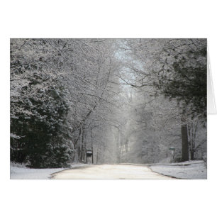 Kaart, fotografie van Snowy scène met weg, bomen