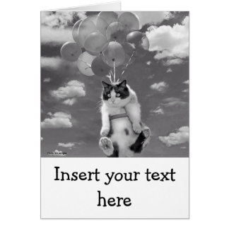 Kaart: Funny cat vliegt met ballonnen