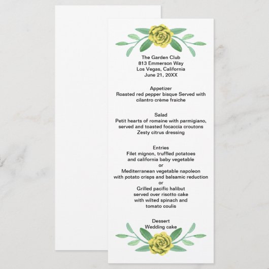 Kaart geel Floral Greenery Foliage Wedding Menu (Voorkant / Achterkant)