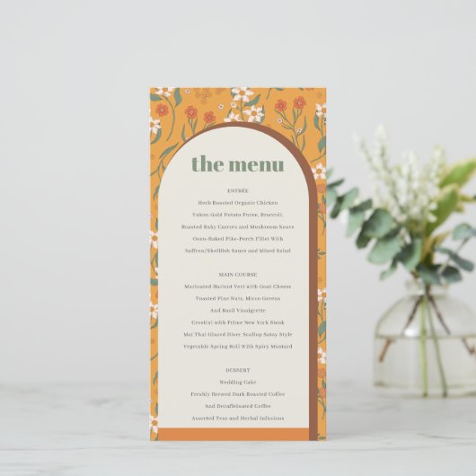 Kaart geel Groovy Retro Arch Floral Wedding Menu (Staand voorkant)