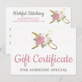 Kaart "Gold Sewing Scissors Floral Gift Certificat