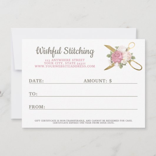 Kaart "Gold Sewing Scissors Floral Gift Certificat (Achterkant)