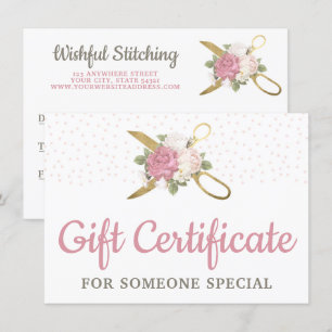 Kaart "Gold Sewing Scissors Floral Gift Certificat