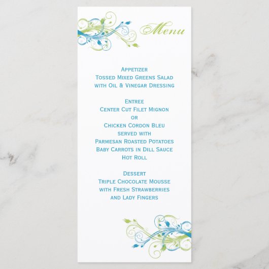 Kaart Groen, Blauw en Wit Floral Menu (Achterkant)
