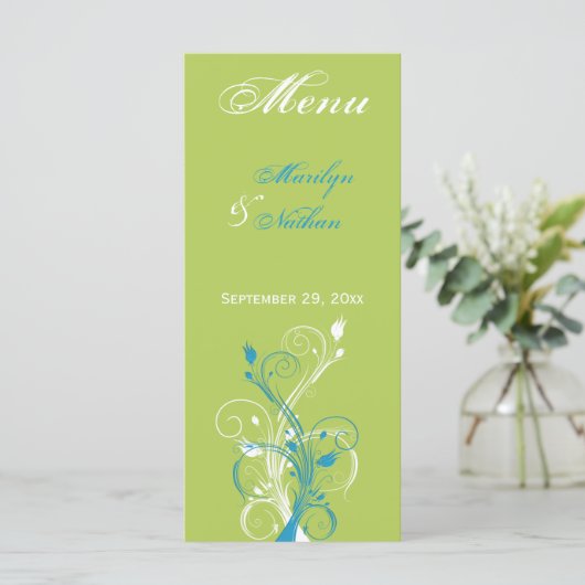 Kaart Groen, Blauw en Wit Floral Menu (Staand voorkant)