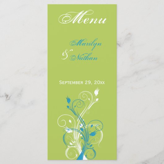 Kaart Groen, Blauw en Wit Floral Menu (Voorkant)
