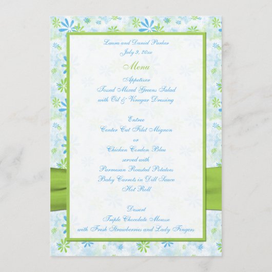 Kaart Groen, Blauw en Wit Floral Wedding Menu (Achterkant)