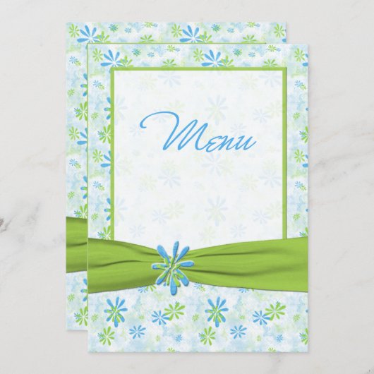 Kaart Groen, Blauw en Wit Floral Wedding Menu (Voorkant / Achterkant)