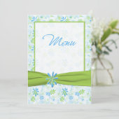 Kaart Groen, Blauw en Wit Floral Wedding Menu (Staand voorkant)