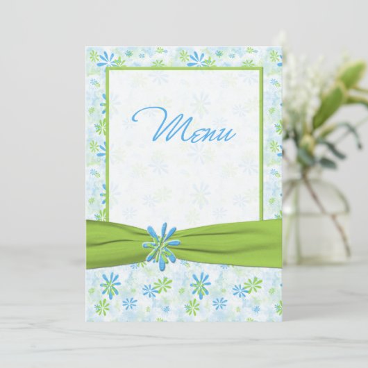 Kaart Groen, Blauw en Wit Floral Wedding Menu (Staand voorkant)