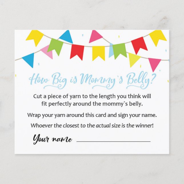KAART Hoe groot is mama's Belly? Baby shower game (Voorkant)