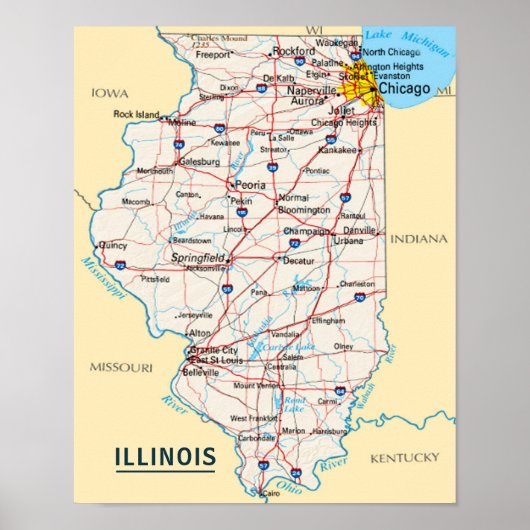 Kaart Illinois Travel Destination for Home of Kant Poster (Voorkant)