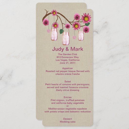 Kaart in het menu Burlap Rustic Pink Mason Jars (Voorkant / Achterkant)