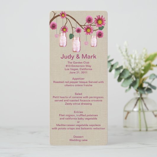 Kaart in het menu Burlap Rustic Pink Mason Jars (Staand voorkant)