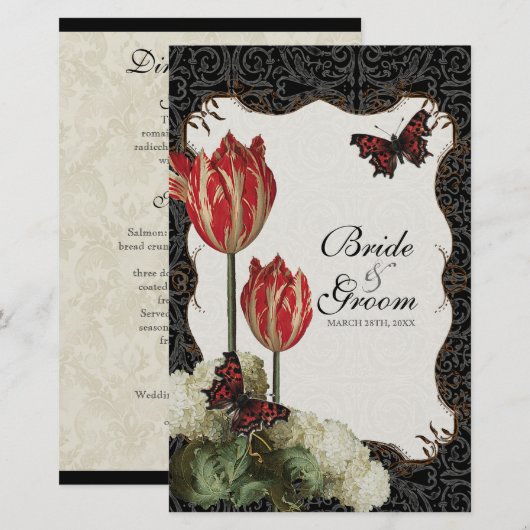 Kaart in het menu Dinner - Zwart Cream Red Tulip D (Voorkant / Achterkant)